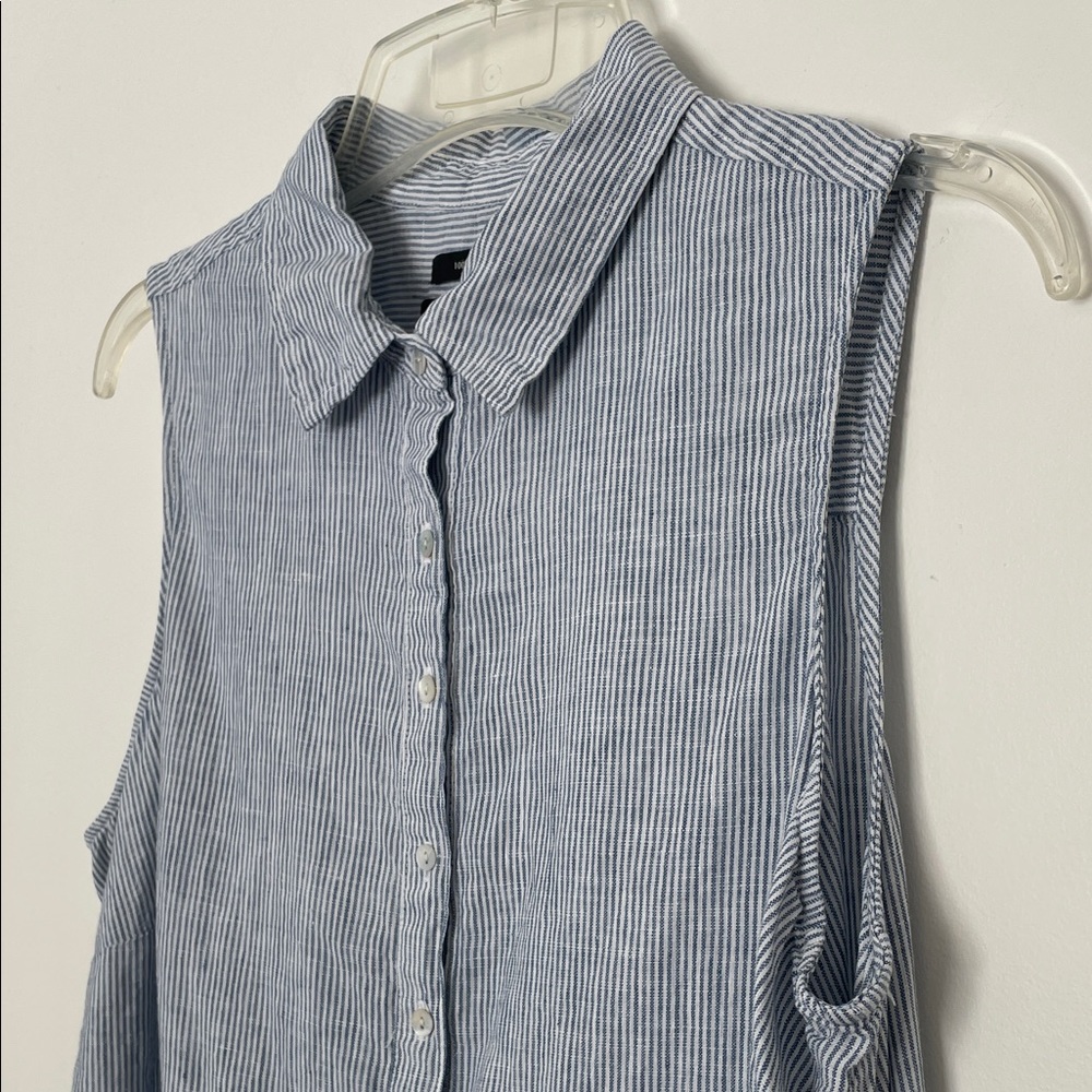 Tahari Light Blue Stripe 100% Linen Sleeveless Midi Shirt Dress 1X